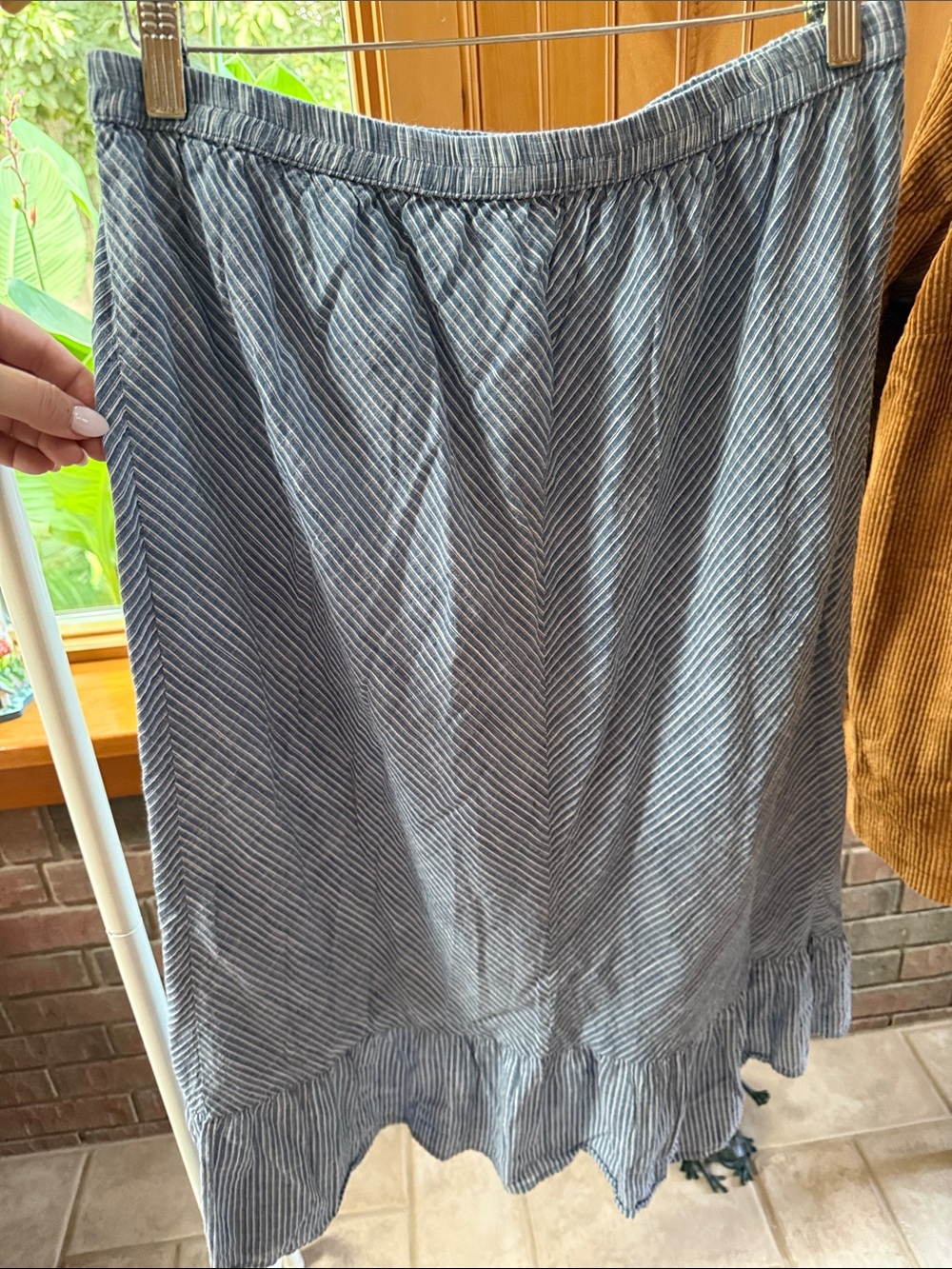 Studio West Blue & White Striped Midi Skirt with Ruffle Hem